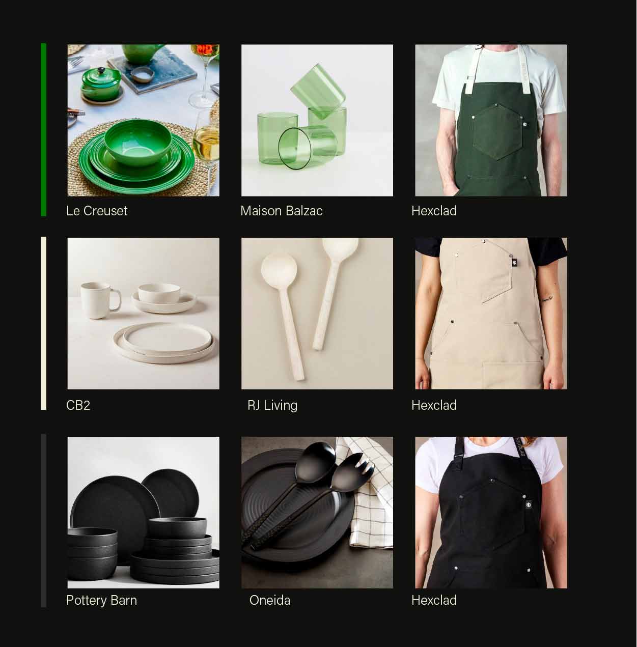 collage of images showcasing different images following colors of green, beige and black branding colors