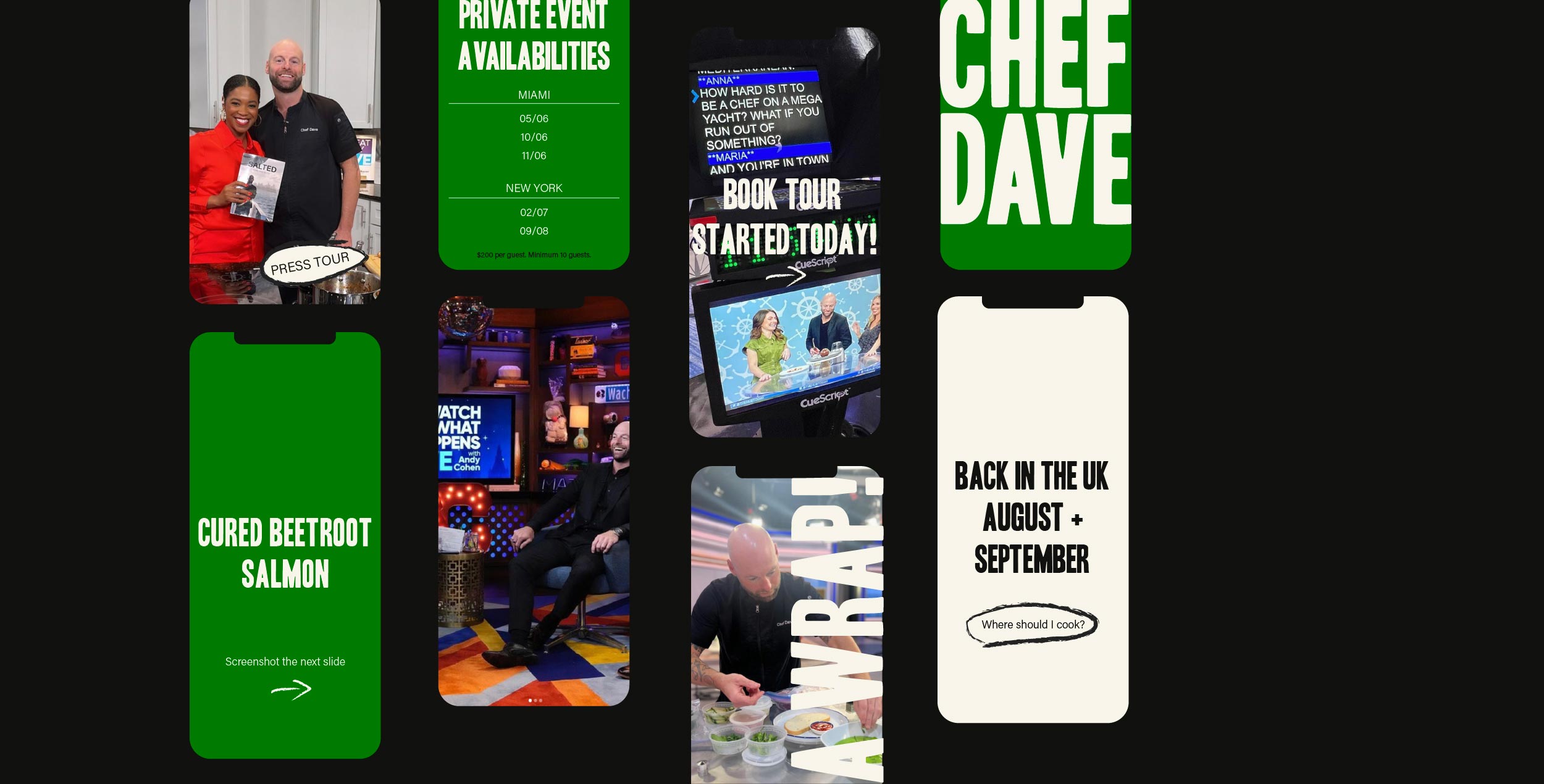 social media posts for chef dave white with black and green colors