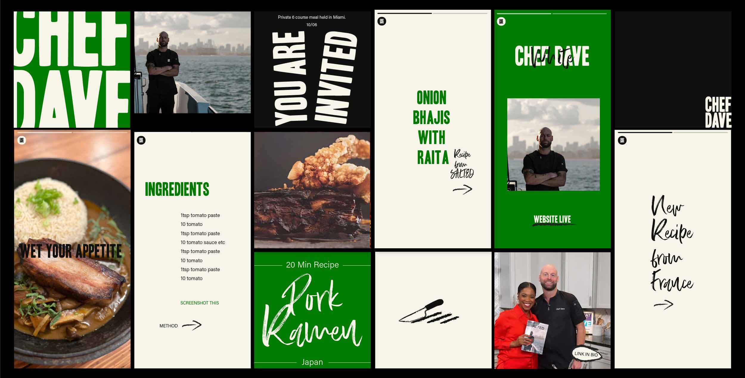 collage of social media posts for chef dave white with variations of colors green, black and white