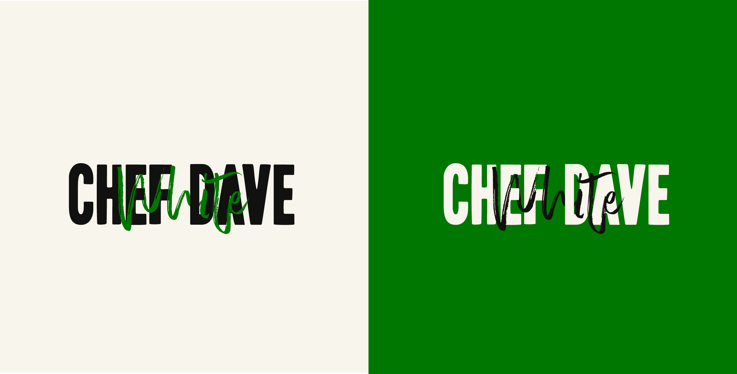 chef dave white logos on green and beige backgrounds