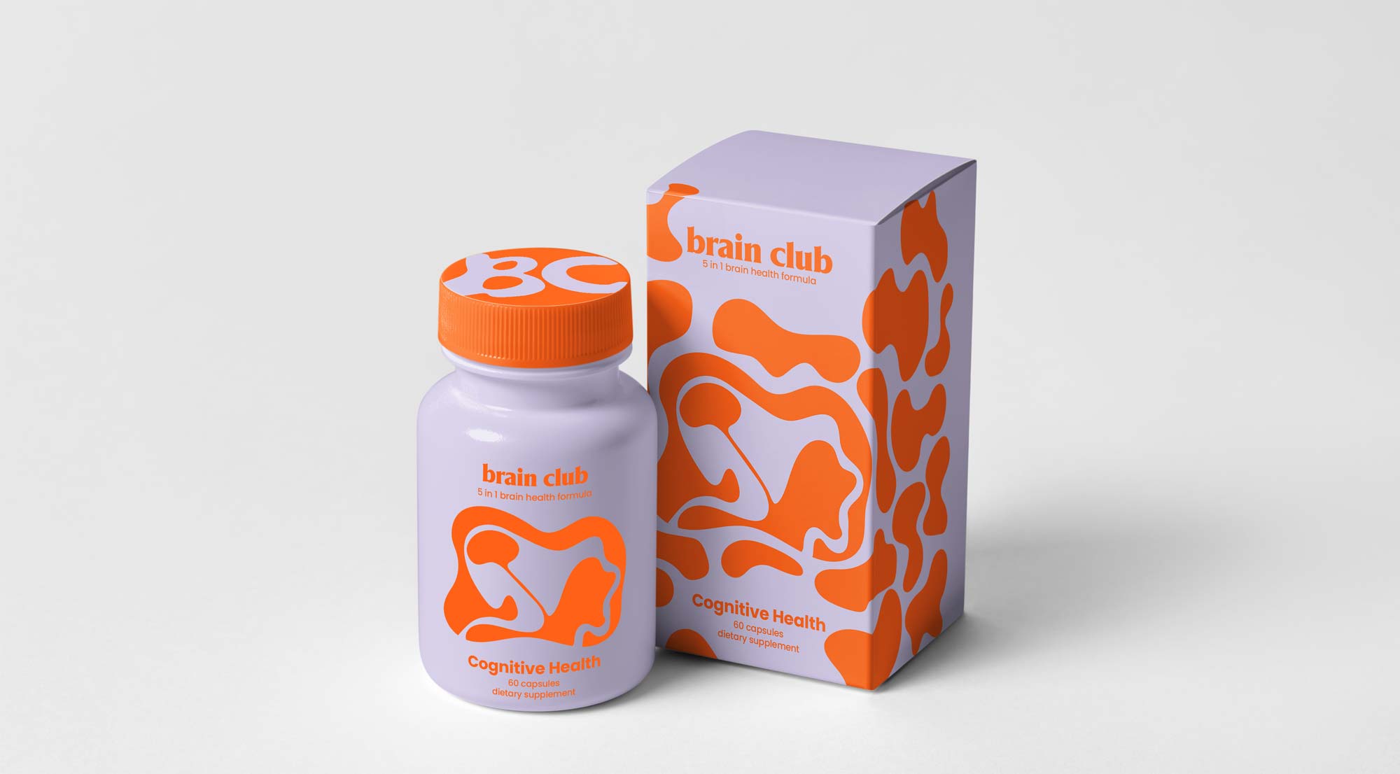 supplement bottle with a vibrant orange and purple design with its box packaging