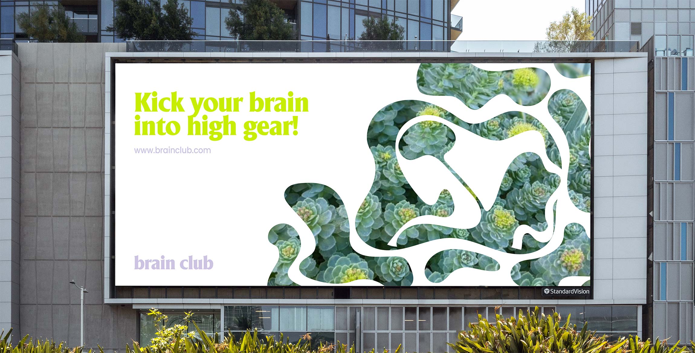 poster billboard on a building for brain club with white background and a green pattern on the right and a website url on the left