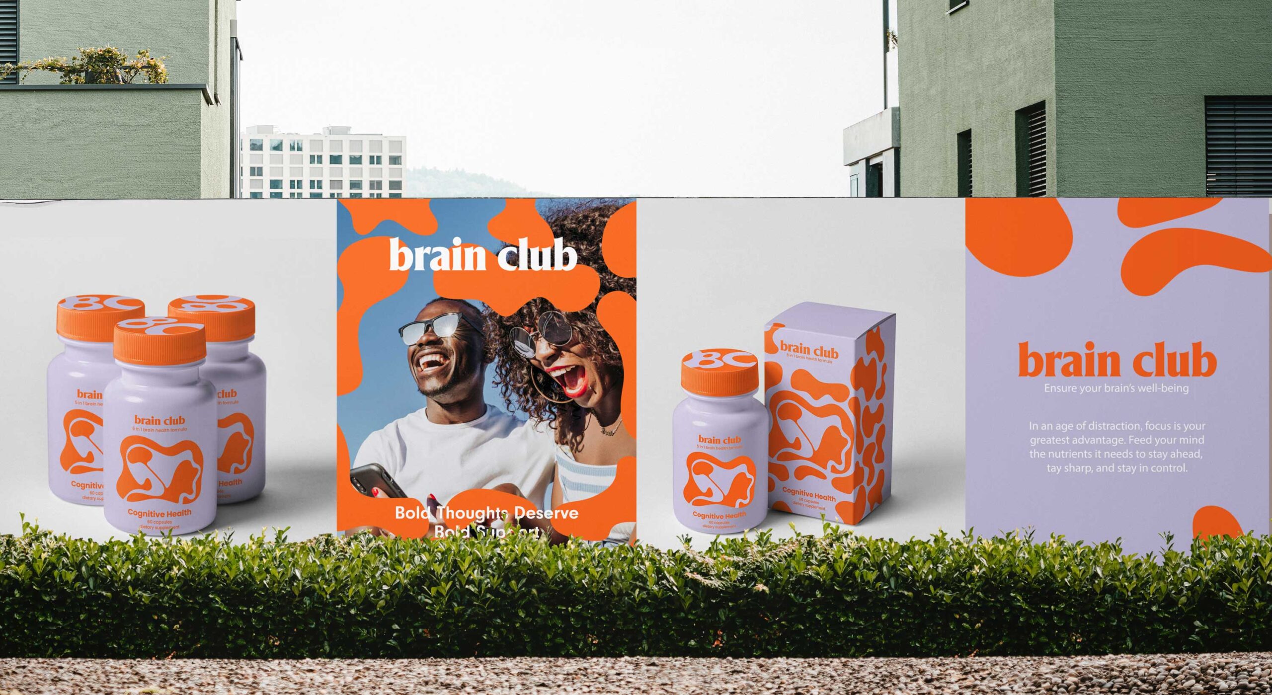 4 posters pasted on a concrete wall for brain club supplement with with purple and orange patterns