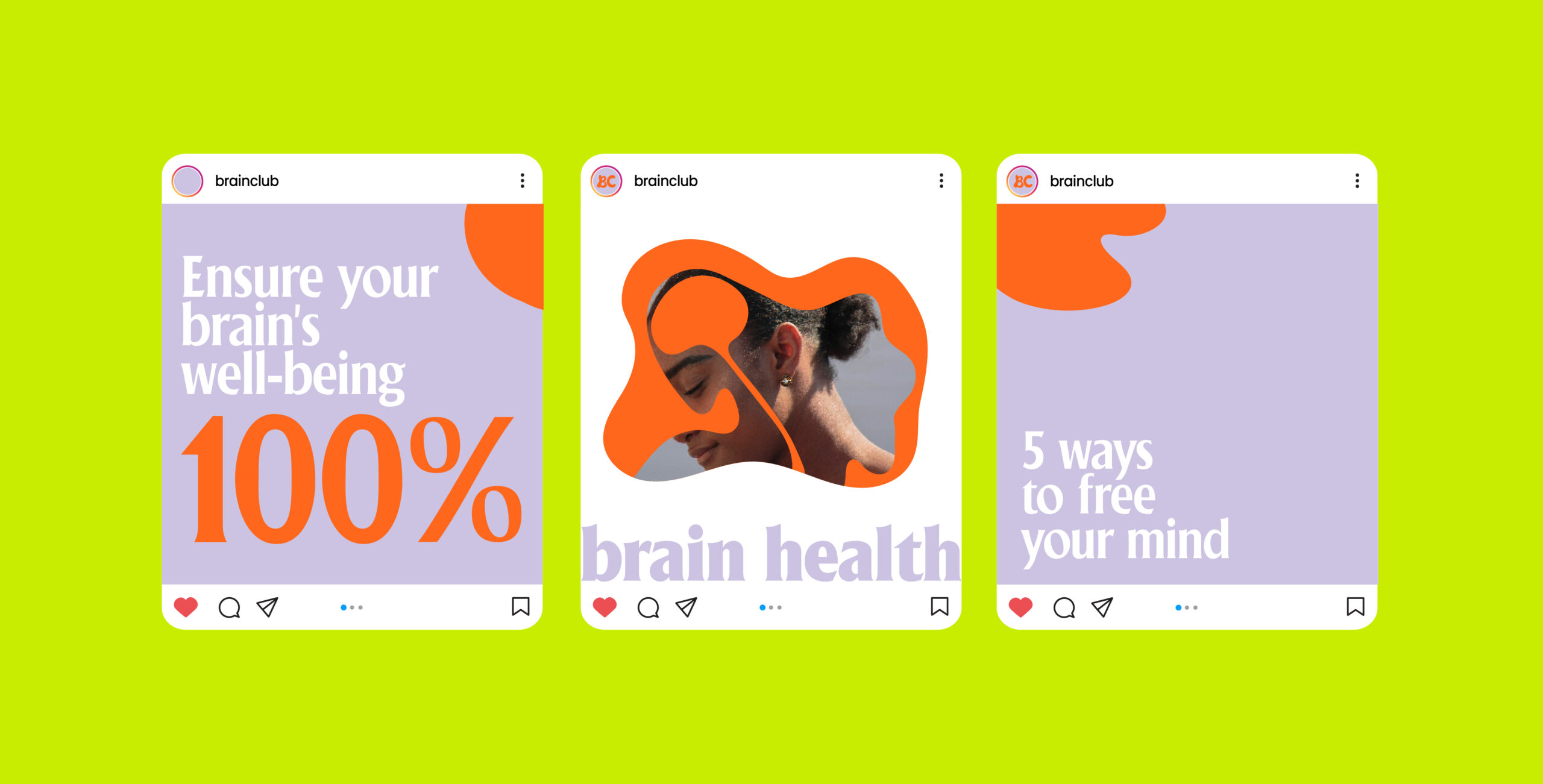 three collage of Instagram posts about brain health with bright green background