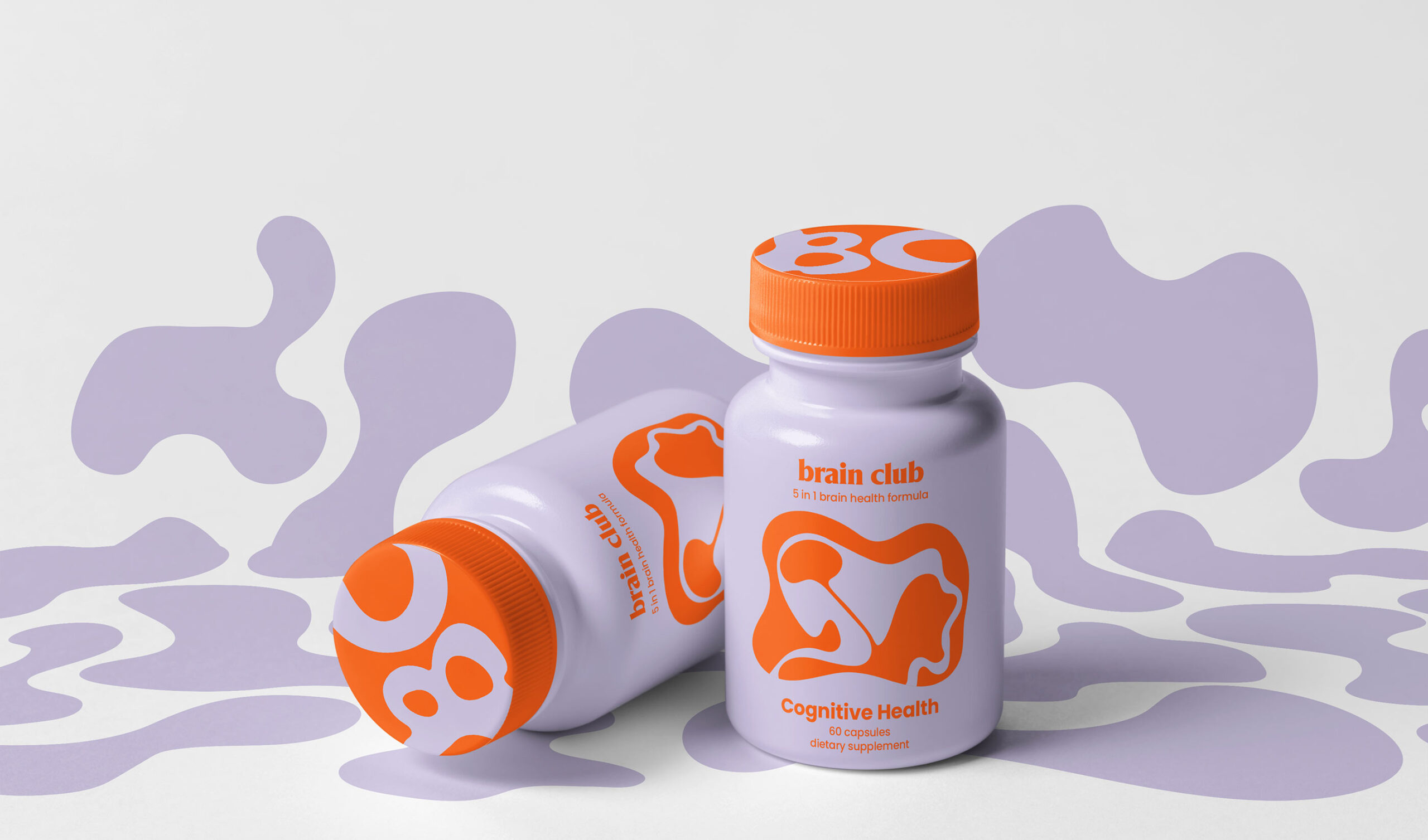 two vibrant supplement bottle with a vibrant background design for Brain Club