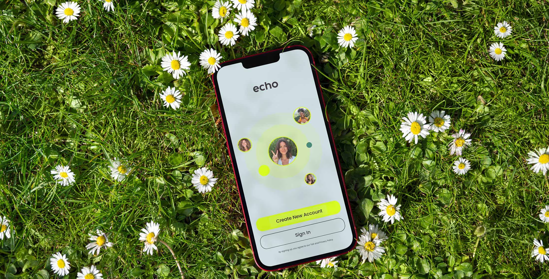 mobile phone placed on grass showing echo website on the screen