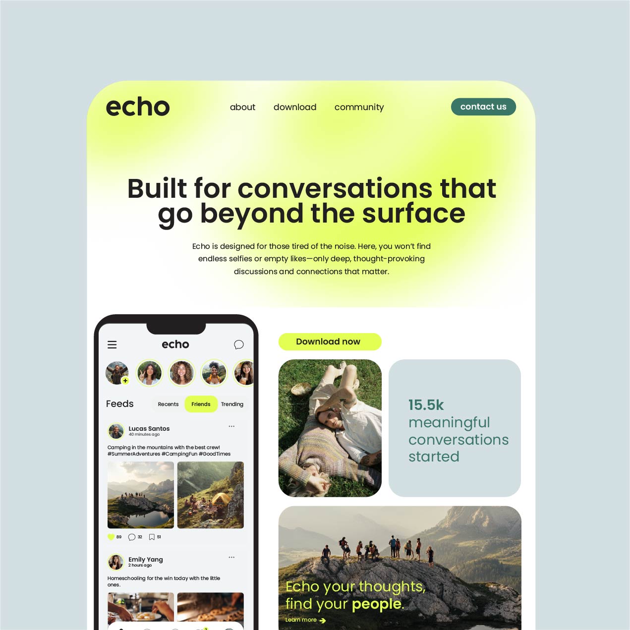 echo home page with a mixture of green and white colors