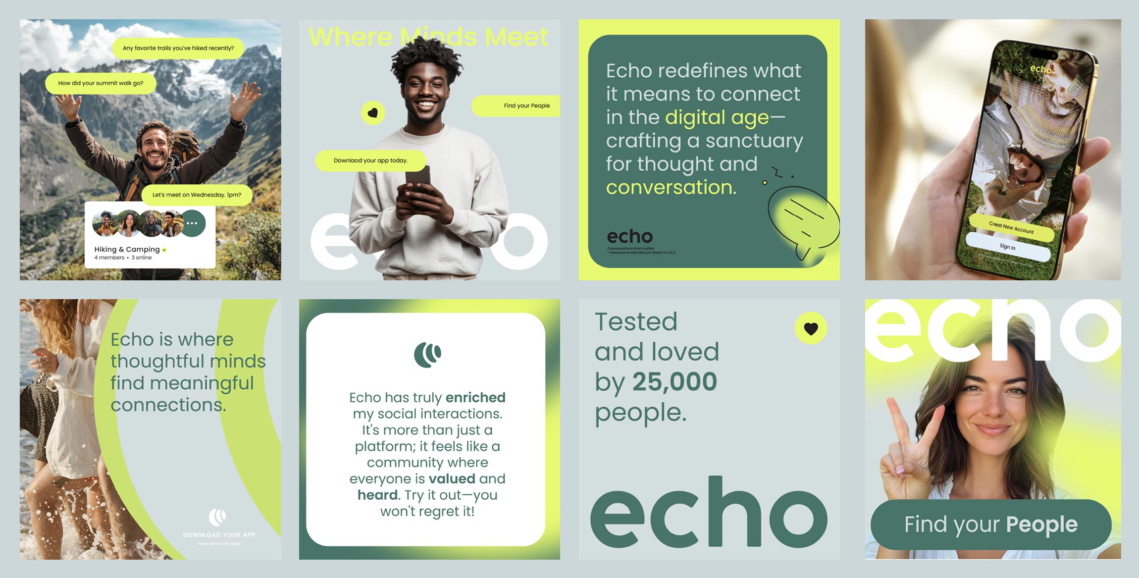 eight social media posts in a collage for echo with green and white colours